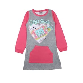 Vestido Moletom Flanelado Infantil Cinza/Rosa com Bolso Frio