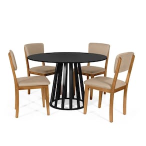 Mesa de Jantar Redonda Gabi Preta com 4 Cadeiras Estofadas Ella Bege