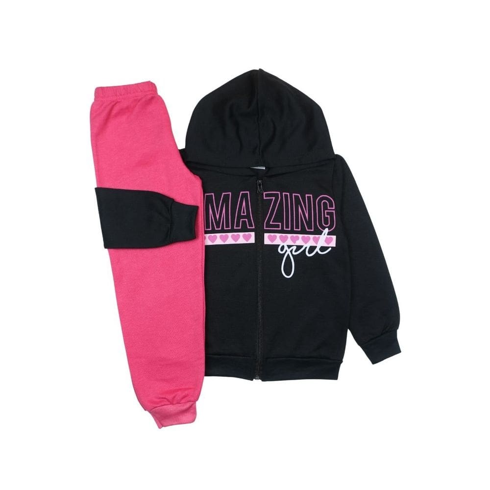 Conjunto de Moletom Flanelado Menina Jaqueta Capuz Preto e Pink