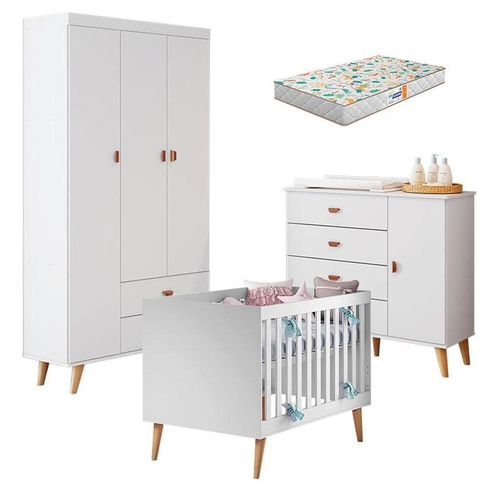 Quarto de Bebê Duda com Berço Americano Ludmila Branco Acetinado Bétula e Colchão Gazin - Carolina