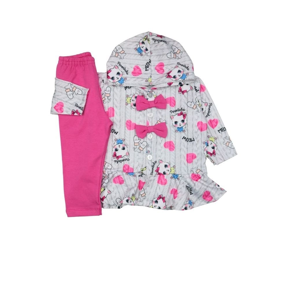 Conjunto Bebê Menina Inverno Casaco Capuz Gatinha Calça Rosa
