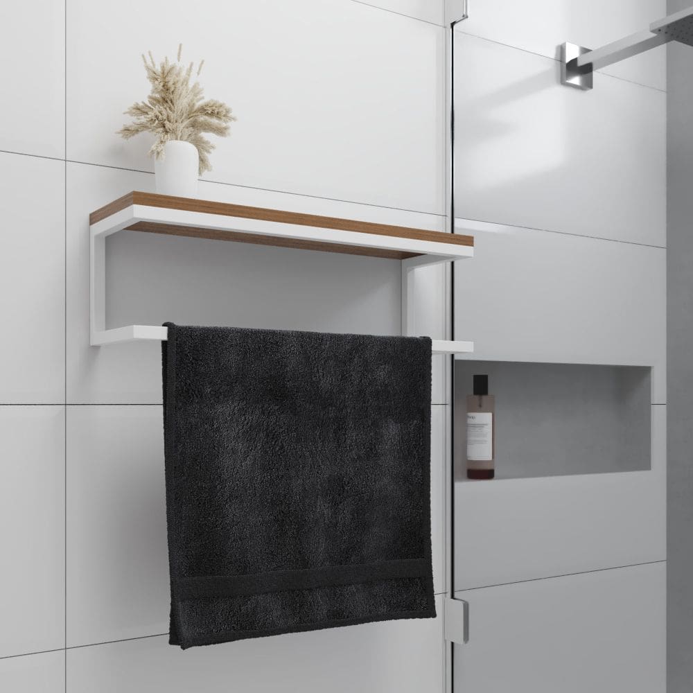 Toalheiro para Banheiro Estilo Industrial Ita - Branco e Prateleira Imbuia
