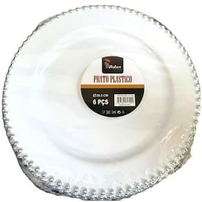 Jogo Pratos Jantar 26M Bolinha Prata Plástico Durável -6Un