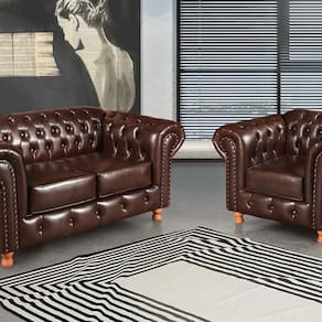 Conjunto Sofá 2 Lugares e Poltrona Luis XV Chesterfield Vintage Café