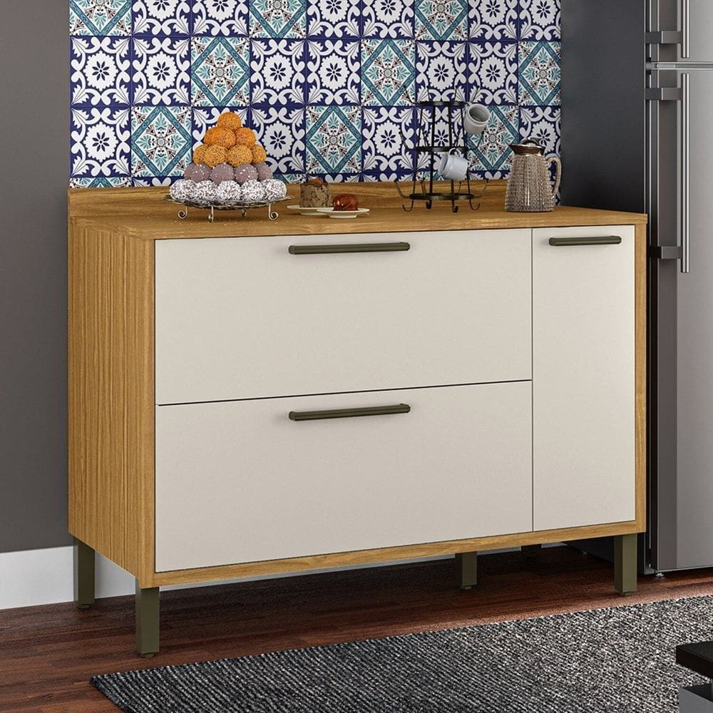 Balcão de Cozinha 120cm 1 Porta 1 Gaveta Porta Condimentos e Tampo 100% MDF Vicenza Espresso Móveis Amêndoa/Off White