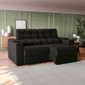 Sofá 230 cm com Porta Copos Retrátil e Reclinável Premier Preto