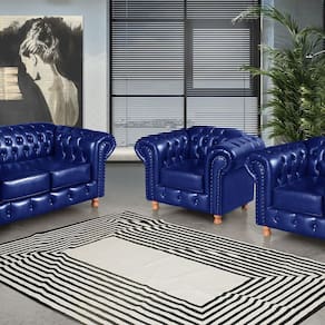 Conjunto de Sofá Luís Xv 2 Lugares + 2 Poltronas Chesterfield Capitonê Azul
