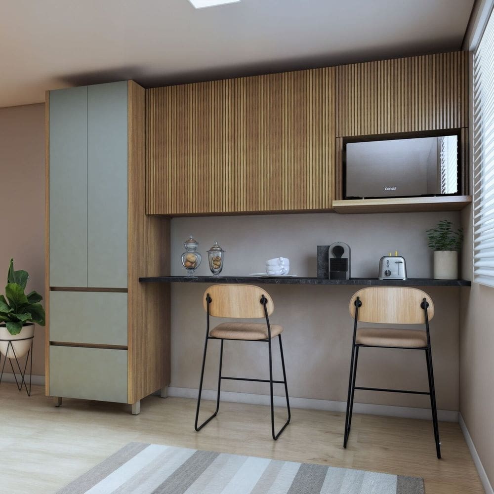 Cozinha 3 Peças Paneleiro 2 Portas 2 Gavetas, Aéreo Microondas e Armário 120cm Verde/Marrom