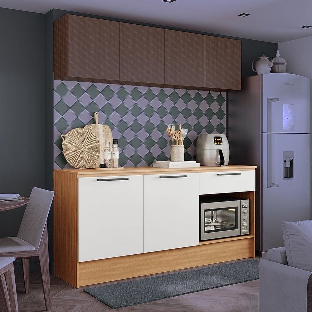Balcão Gabinete de Cozinha 190 cm com 2 Portas Melissa Branco com freijó