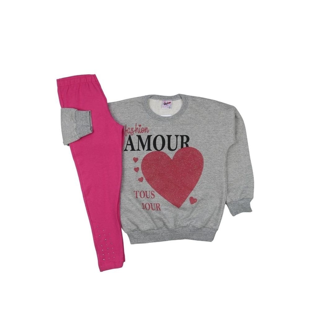 Conjunto Menina Moletom Cinza Coração e Legging Pink Inverno