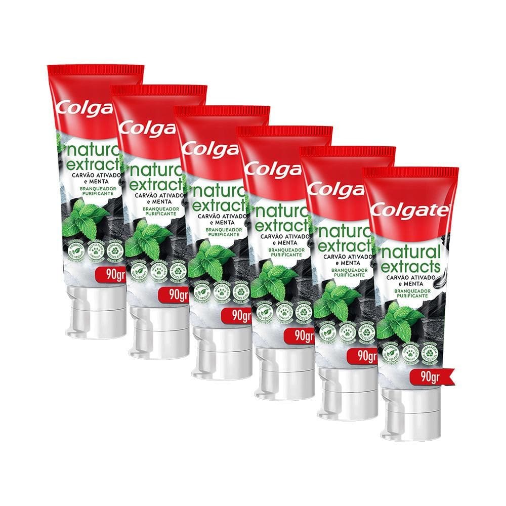Kit 6 Creme Dental Colgate Natural Extracts Carvão Ativado e Menta 90g
