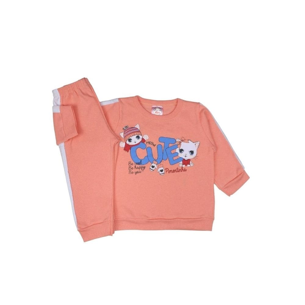 Conjunto Moletom Salmão Bebê Menina Gatinhas Inverno Fofinho