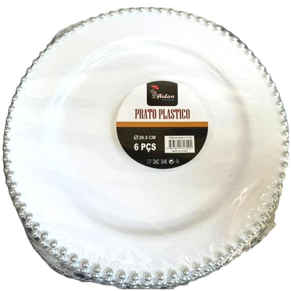 Jogo Pratos Jantar 26M Bolinha Prata Plástico Durável -12Un