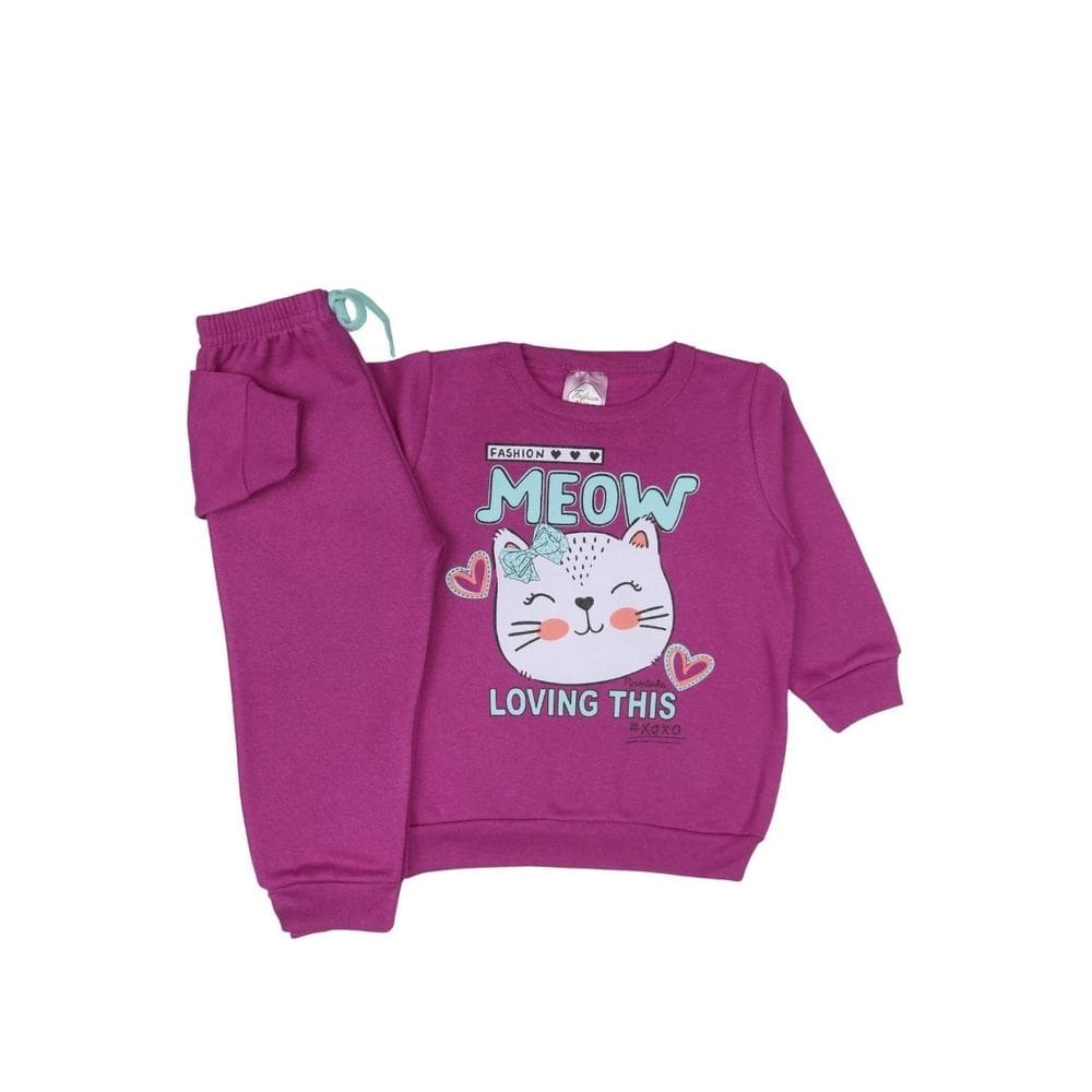 Conjunto Moletom Bebê Menina Gatinha Flanelado Fofo