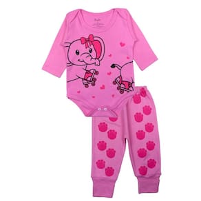 Conjunto Body Bebê Longo Algodão Rosa Escuro Estampado Menina