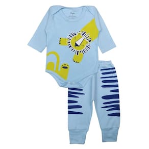 Conjunto Body Bebê Longo Algodão Azul Claro Estampado Menino