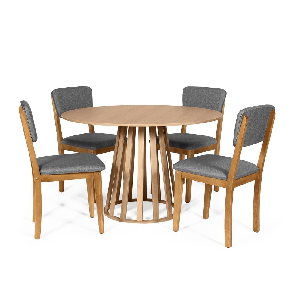 Mesa de Jantar Redonda Gabi Jade com 4 Cadeiras Estofadas Ella Cinza Escuro