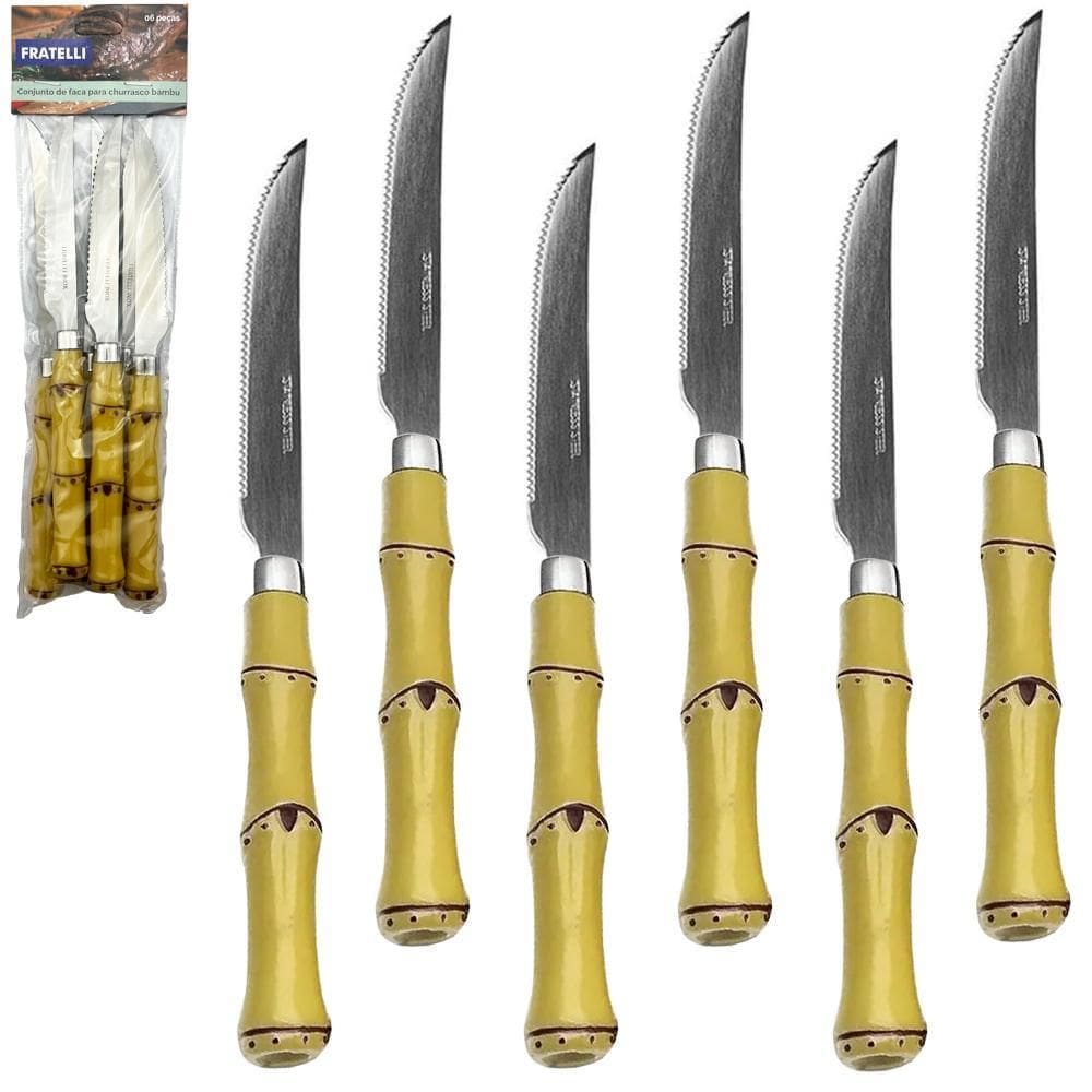 Faca De Churrasco De Inox Cabo Plastico Bambu 6 Pecas 21,5Cm