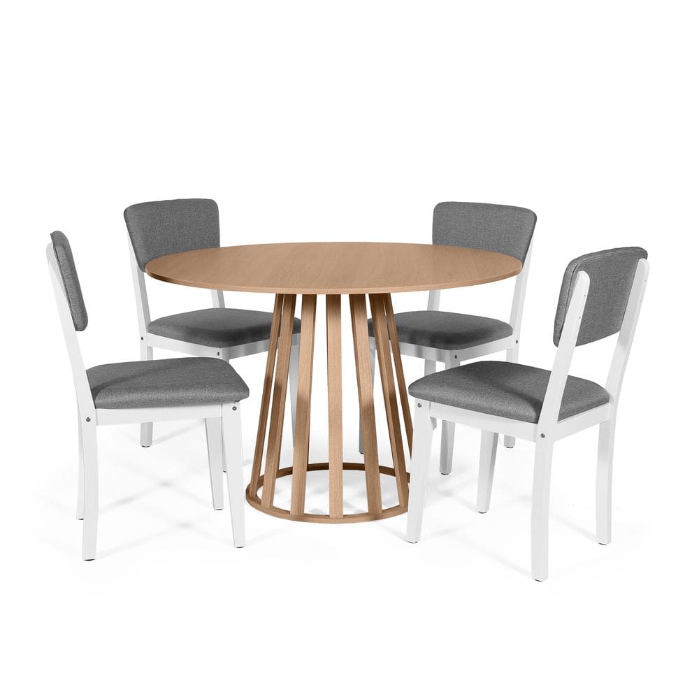 Mesa de Jantar Redonda Gabi Jade com 4 Cadeiras Estofadas Ella Branco/Cinza Escuro