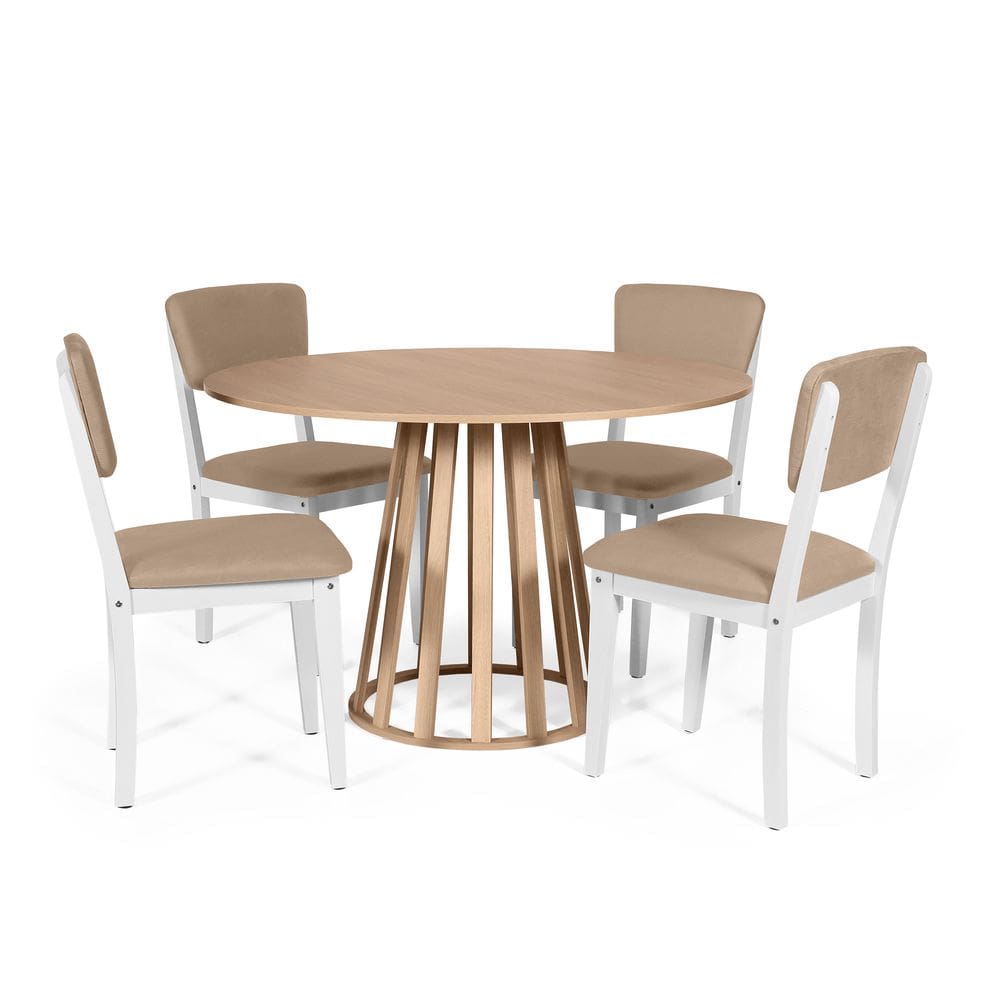 Mesa de Jantar Redonda Gabi Jade com 4 Cadeiras Estofadas Ella Branco/Marrom Claro