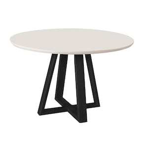 Mesa de Jantar Luxo Tampo Mdf/vidro Redonda para 4 Lugares Pés Madeira Maciça Pérola - Preto/off Whi