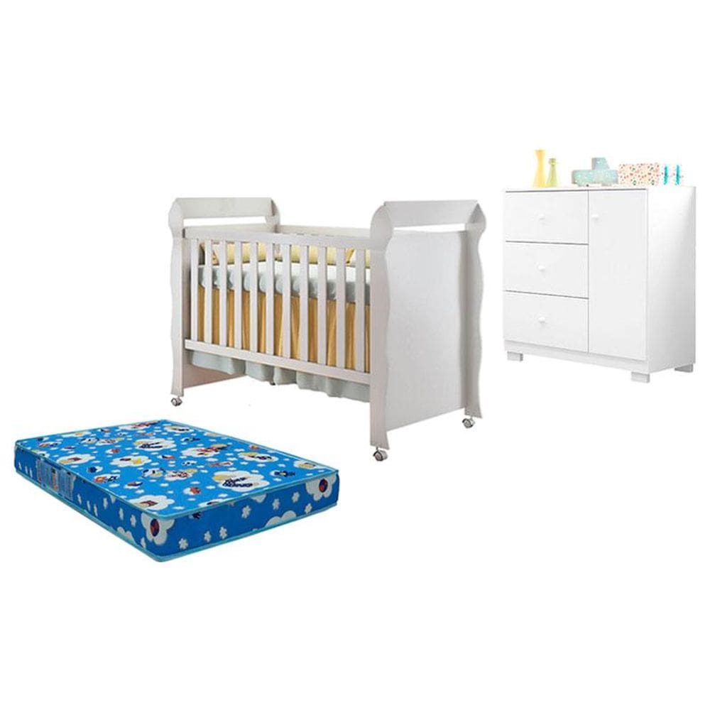 Berço Americano Mirelle e Cômoda Infantil Duda Branco Brilho com Colchão Ortobom – Phoenix Baby