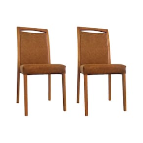 Kit 2 Cadeiras De Jantar Luxo Estofadas Jade Couro Caramelo Base Madeira Maciça