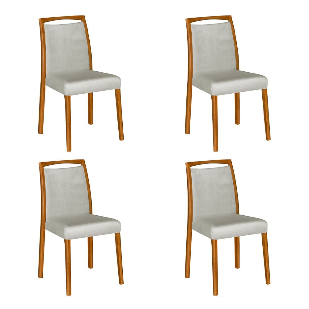 Kit 4 Cadeiras De Jantar Luxo Estofadas Jade Linho Cinza Base Madeira Maciça