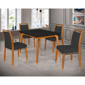 Mesa Jantar Luxo Jade 120X90cm Preto Com 4 Cadeiras Estofadas Veludo Preto Base Madeira Maciça
