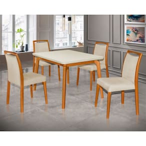 Mesa Jantar Luxo Jade 120X90cm Off White Com 4 Cadeiras Estofadas Linho Bege Base Madeira Maciça