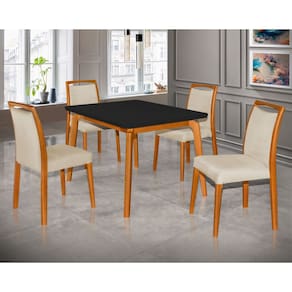 Mesa Jantar Luxo Jade 120X90cm Preto Com 4 Cadeiras Estofadas Linho Bege Base Madeira Maciça