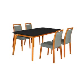 Mesa Jantar Luxo Jade 160X90cm Preto Com 4 Cadeiras Estofadas Veludo Cinza Base Madeira Maciça