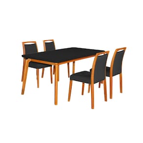 Mesa Jantar Luxo Jade 160X90cm Preto Com 4 Cadeiras Estofadas Veludo Cinza Base Madeira Maciça