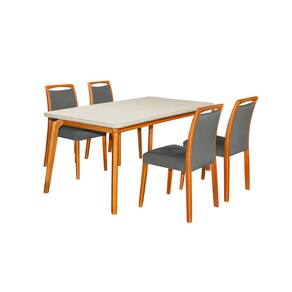 Mesa Jantar Luxo Jade 160X90cm Off White Com 4 Cadeiras Estofadas Linho Cinza Escuro Base Madeira Maciça
