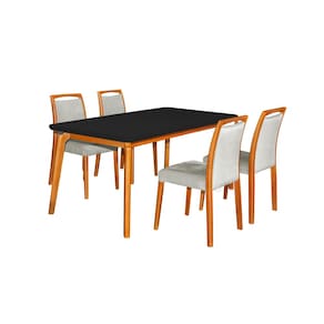 Mesa Jantar Luxo Jade 160X90cm Preto Com 4 Cadeiras Estofadas Linho Cinza Base Madeira Maciça