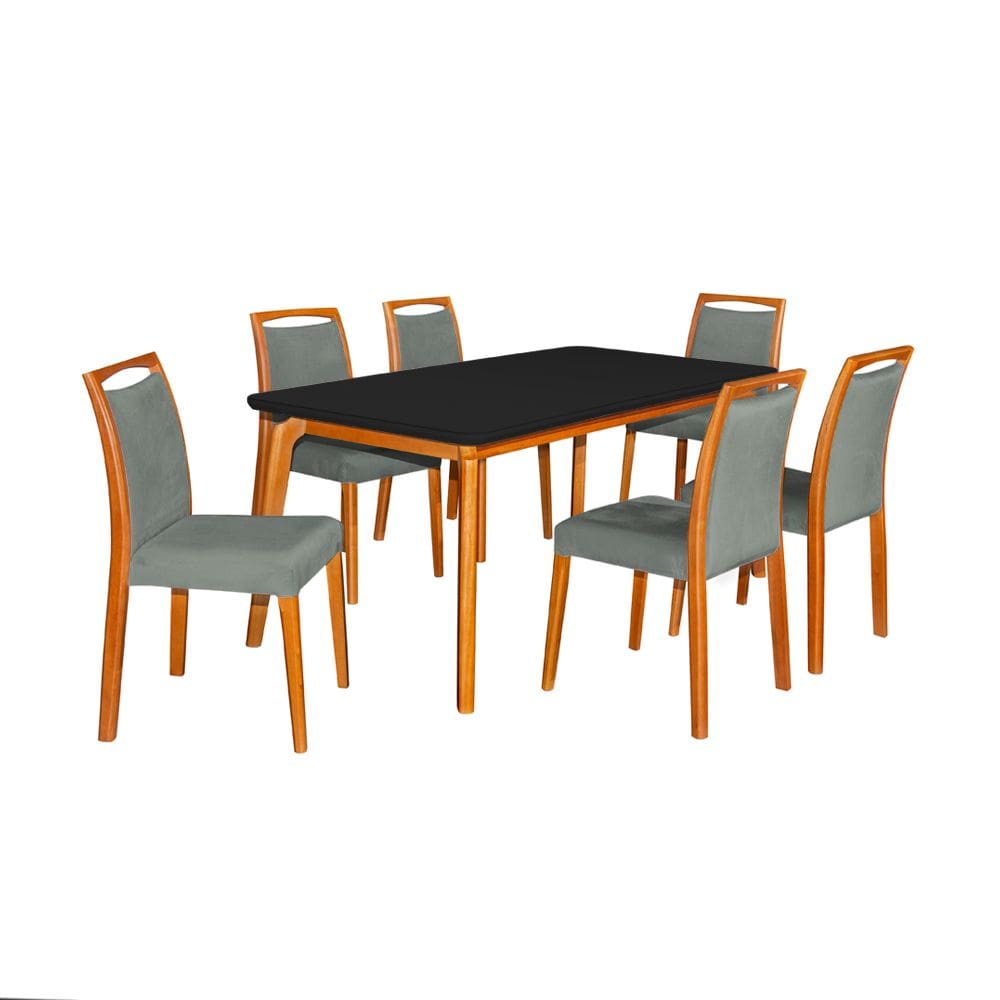 Mesa Jantar Luxo Jade 160X90cm Preto Com 6 Cadeiras Estofadas Veludo Cinza Base Madeira Maciça