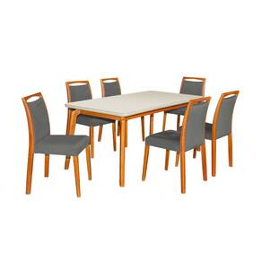 Mesa Jantar Luxo Jade 160X90cm Off White Com 6 Cadeiras Estofadas Linho Cinza Escuro Base Madeira Maciça