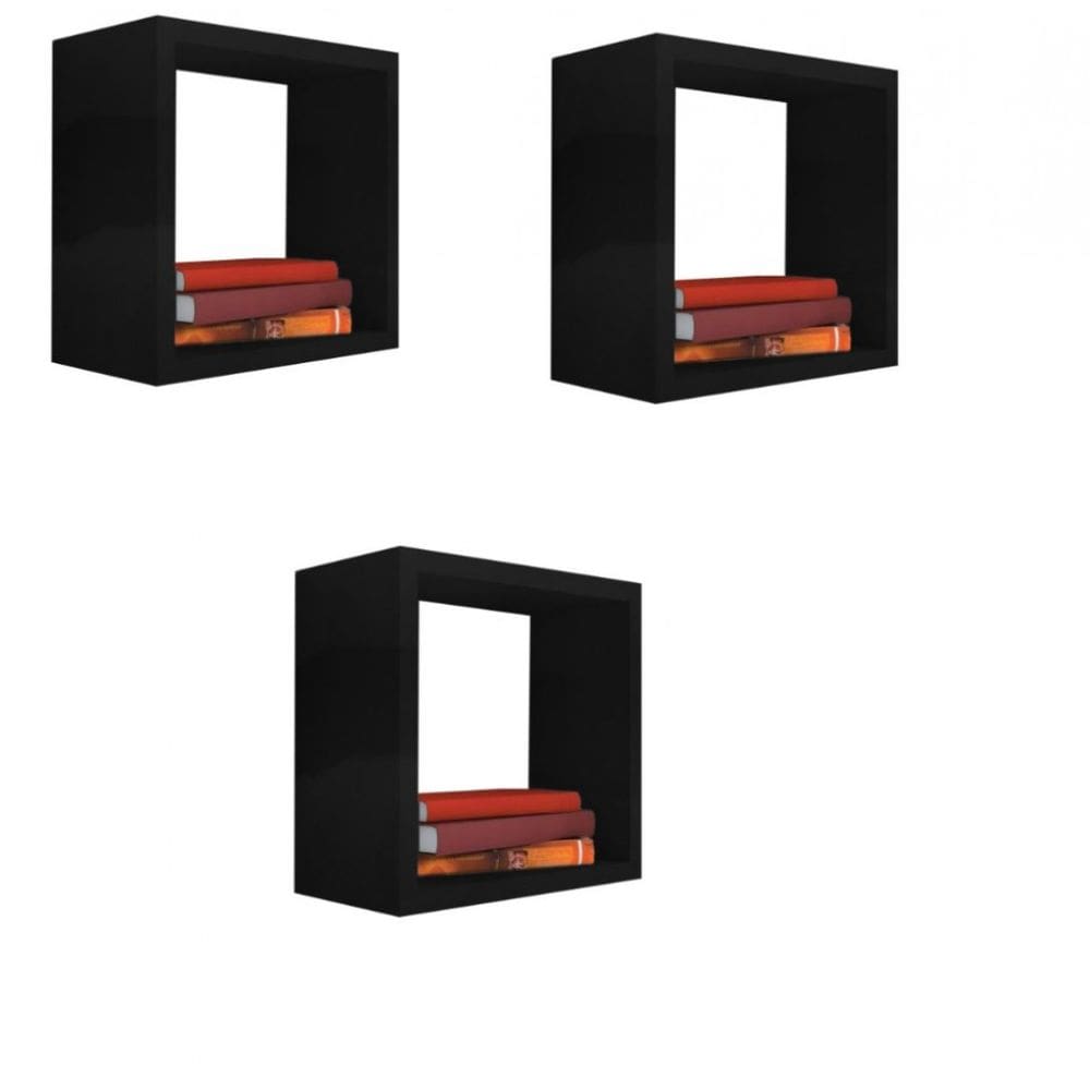 Kit 3 Nicho Decorativo 55X55X15 cm Preto Em Mdf