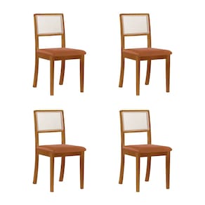 Kit 4 Cadeiras De Jantar Luxo Madeira Maciça Encosto Telinha Palha Estofada Couro Pu Caramelo