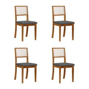 Kit 4 Cadeiras De Jantar Luxo Madeira Maciça Encosto Telinha Palha Estofada Linho Cinza Rubi