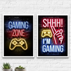 Kit 2 Quadros Gaming Zone 24X18Cm - Com Vidro Branca