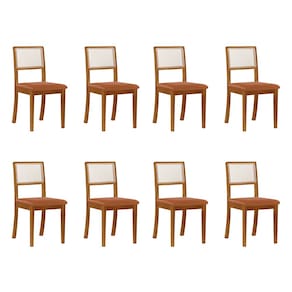 Kit 8 Cadeiras De Jantar Luxo Madeira Maciça Encosto Telinha Palha Estofada Couro Pu Caramelo