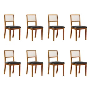 Kit 8 Cadeiras De Jantar Luxo Madeira Maciça Encosto Telinha Palha Estofada Couro Pu Preto Rubi