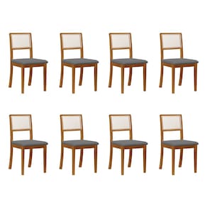 Kit 8 Cadeiras De Jantar Luxo Madeira Maciça Encosto Telinha Palha Estofada Veludo Cinza Rubi