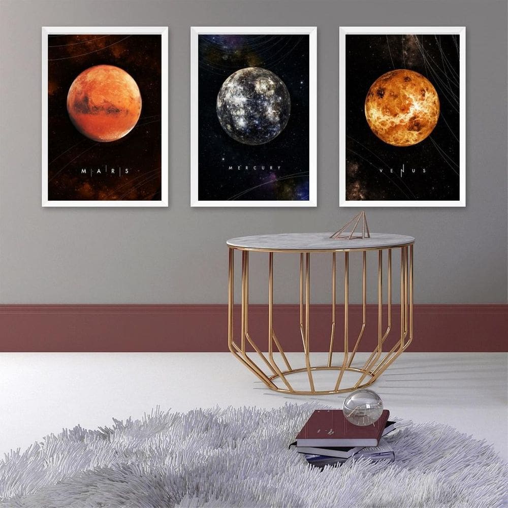Kit 3 Quadros Decorativos Planetas 33X24Cm - Com Vidro
