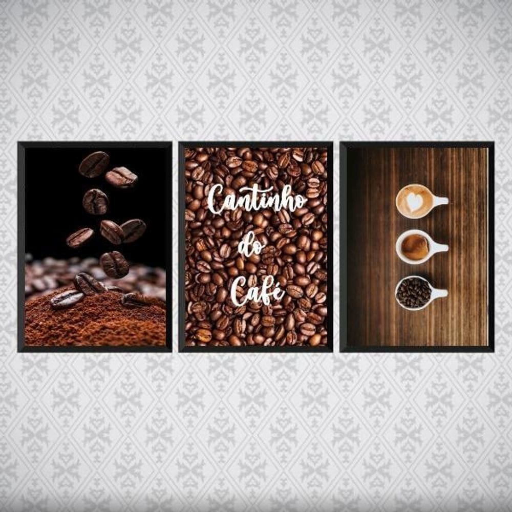 Kit 3 Quadros Cantinho Do Café Grãos 45X34Cm - Vidro Preta
