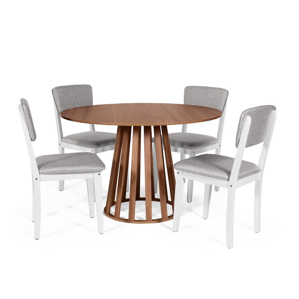 Mesa de Jantar Redonda Gabi Noronha com 4 Cadeiras Estofadas Ella Branco/Cinza Claro