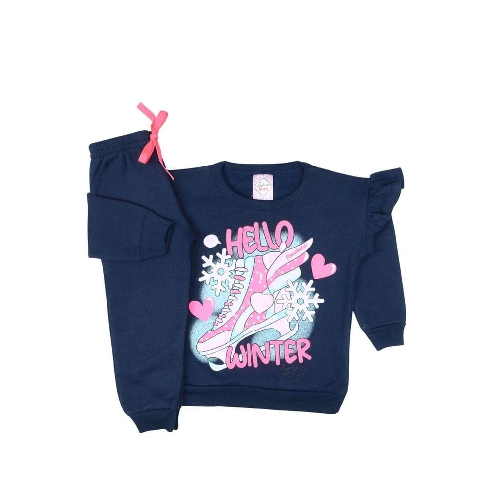 Conjunto Moletom Azul Pink Menina Peluciado Adorável Inverno