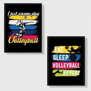 Kit 2 Quadros Volleyball Vintage 45X34Cm Preta