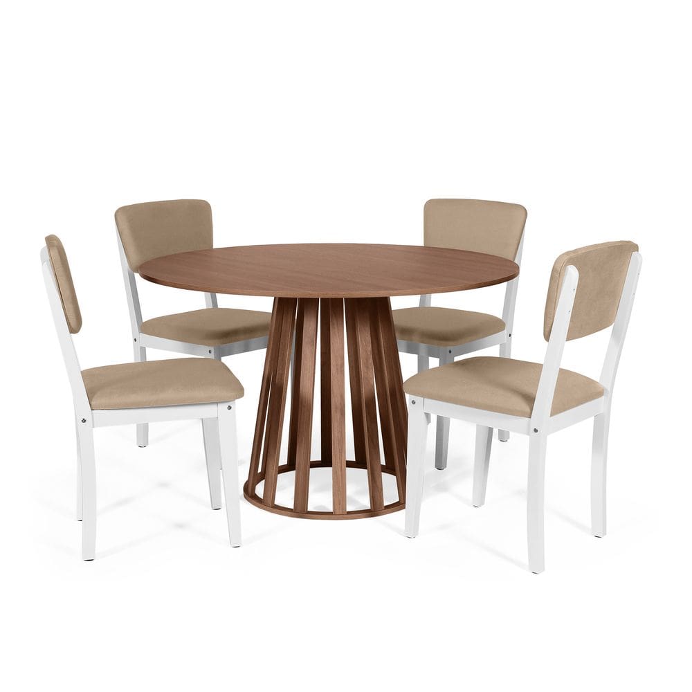 Mesa de Jantar Redonda Gabi Noronha com 4 Cadeiras Estofadas Ella Branco/Marrom Claro